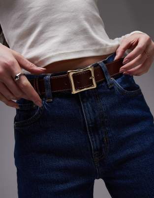 Mango Square Buckle Contrast Stitch Belt In Brown