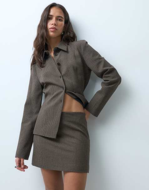 Mango Square mini skirt co-ord in brown check print 