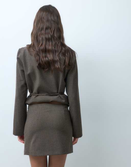 Mango Square mini skirt co-ord in brown check print , 5 of 5