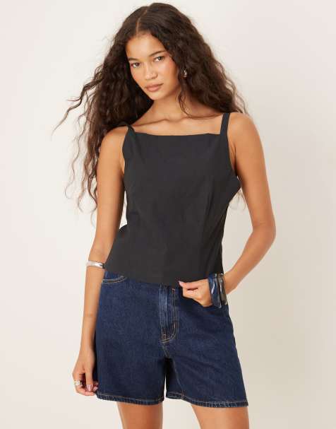 Mango square neck bow back top in black - view 1