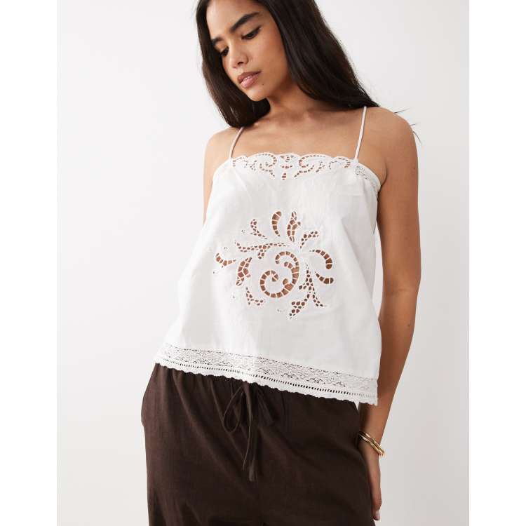 Mango square neck cami top with embroidered detail and open back
