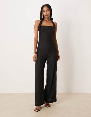 Mango Square Neck Halter Pleat Front Jumpsuit In Black