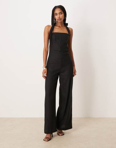 Mango square neck halter pleat front jumpsuit in black - view 1