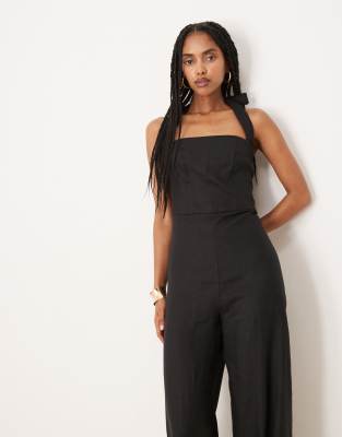 Mango Square Neck Halter Pleat Front Jumpsuit