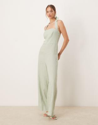 Mango Square Neck Halter Pleat Front Jumpsuit In Green