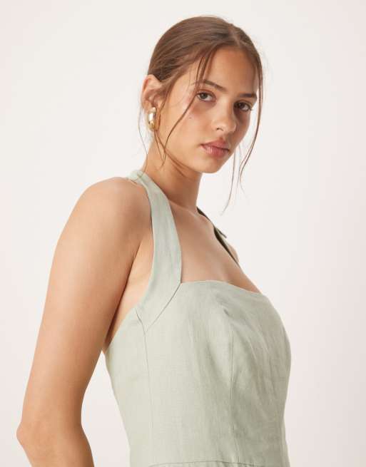 Mango square neck halter pleat front jumpsuit in sage green