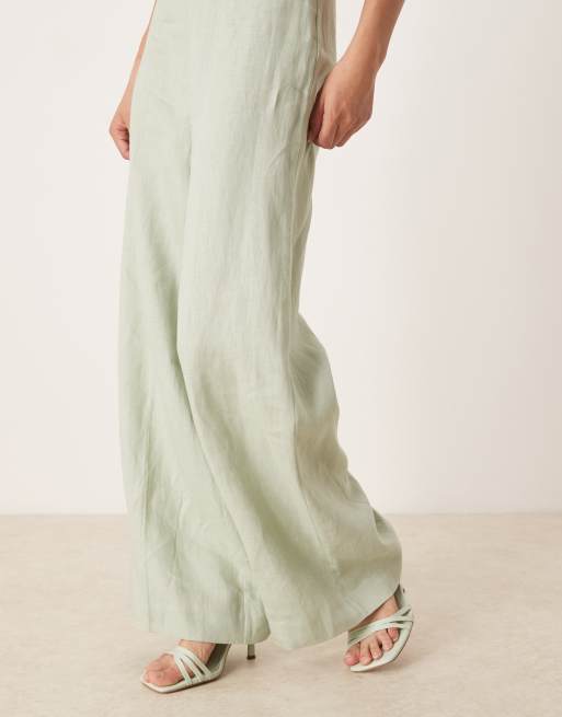 Mango square neck halter pleat front jumpsuit in sage green