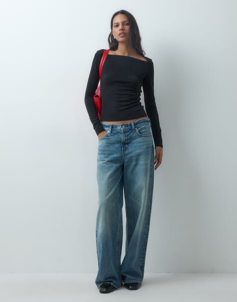 Mango square neck long sleeve t-shirt in black - view 1