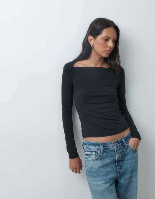 Mango square neck long sleeve t-shirt in black , 2 of 4