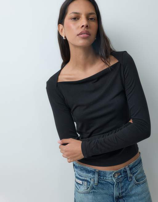 Mango square neck long sleeve t-shirt in black , 3 of 4
