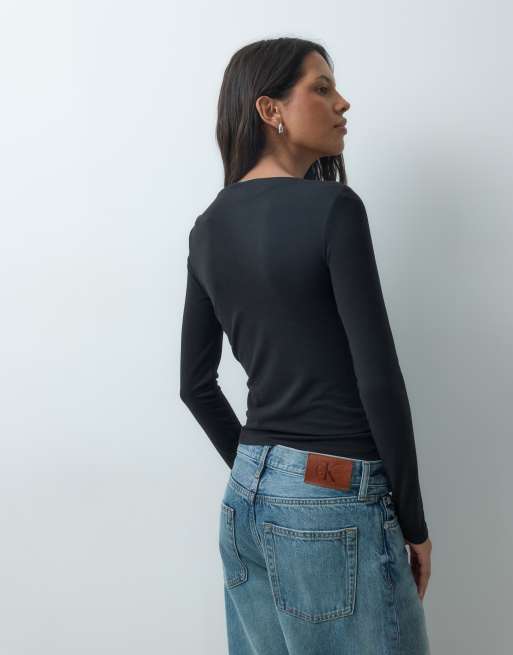 Mango square neck long sleeve t-shirt in black , 4 of 4