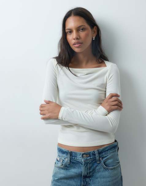 Mango square neck long sleeve t-shirt in ecru - view 1