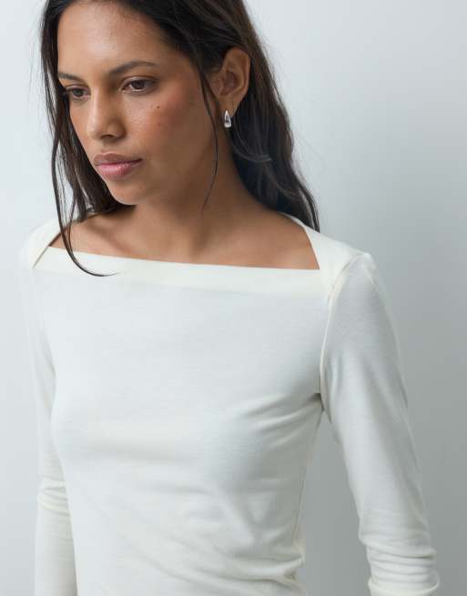 Mango square neck long sleeve t-shirt in ecru , 3 of 4