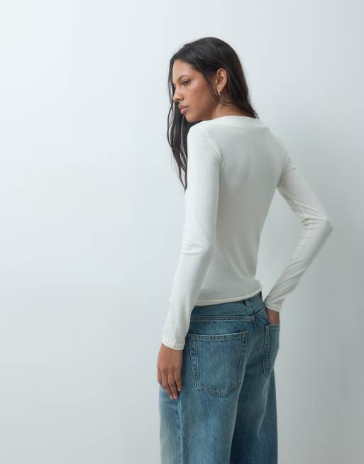 Mango square neck long sleeve t-shirt in ecru , 4 of 4