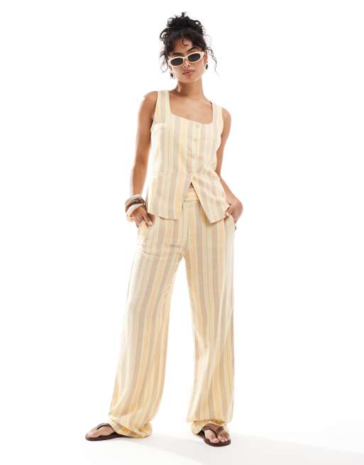 Mango square neck pastel stripe vest & pants set in yellow