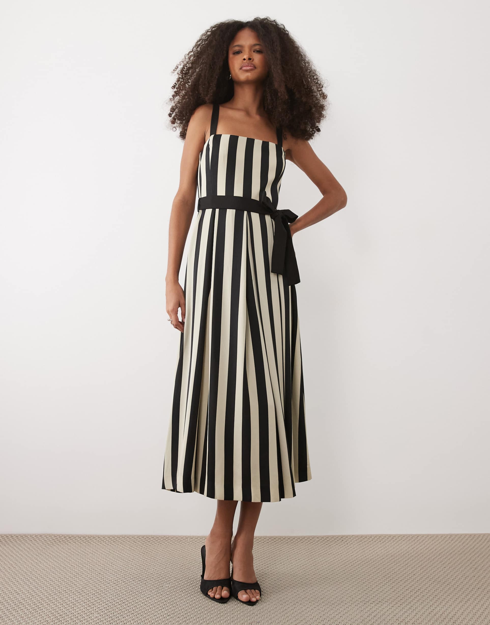 mango square neck pleated midi dress in black and cream stripes