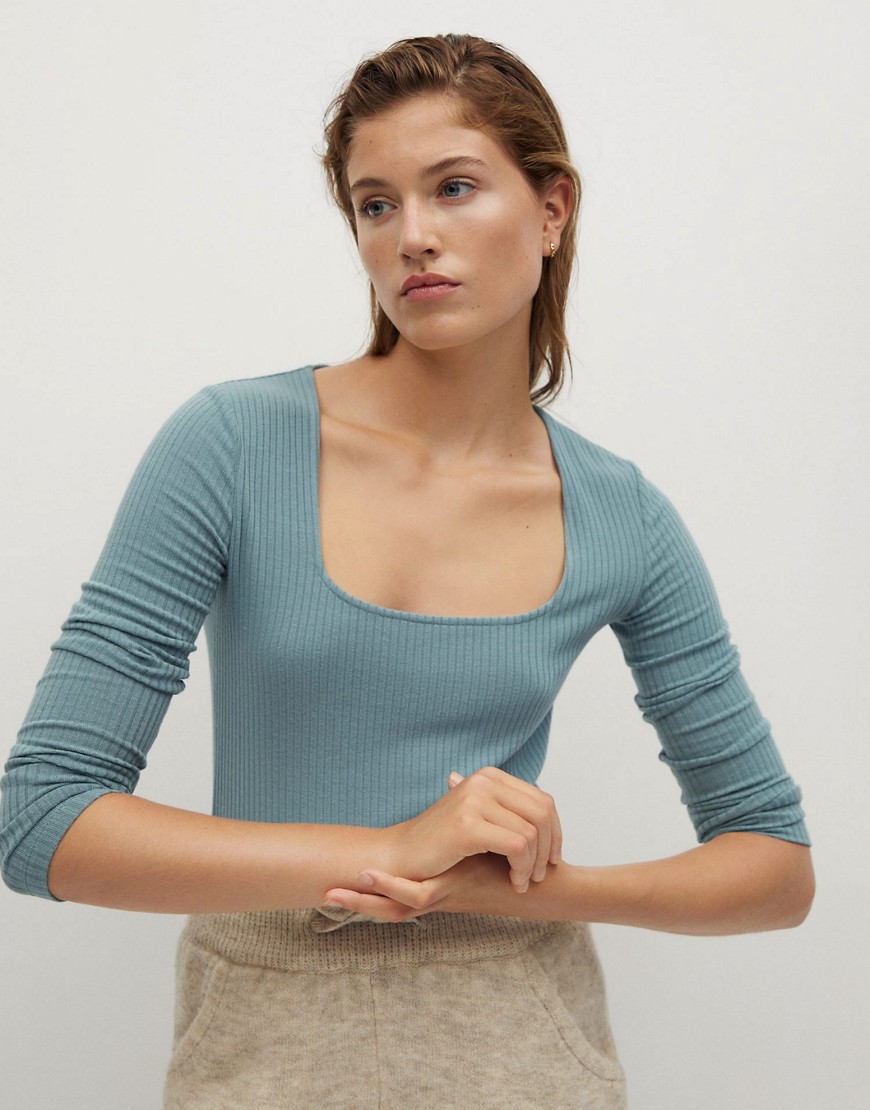 Mango square neck ribbed long sleeve T-shirt in olive-Green