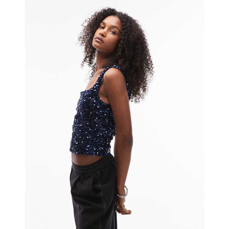 Women's Sequin Glitter Tank Top - Sparkle Strappy Cami For Parties, Navy Blue, XX-Large