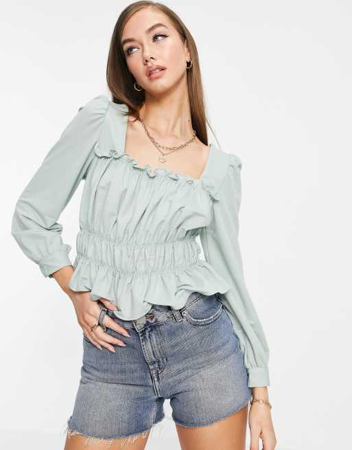 Mango square neck shirred blouse in sage green | ASOS