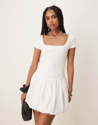 square neck short sleeve bubble hem mini dress in white