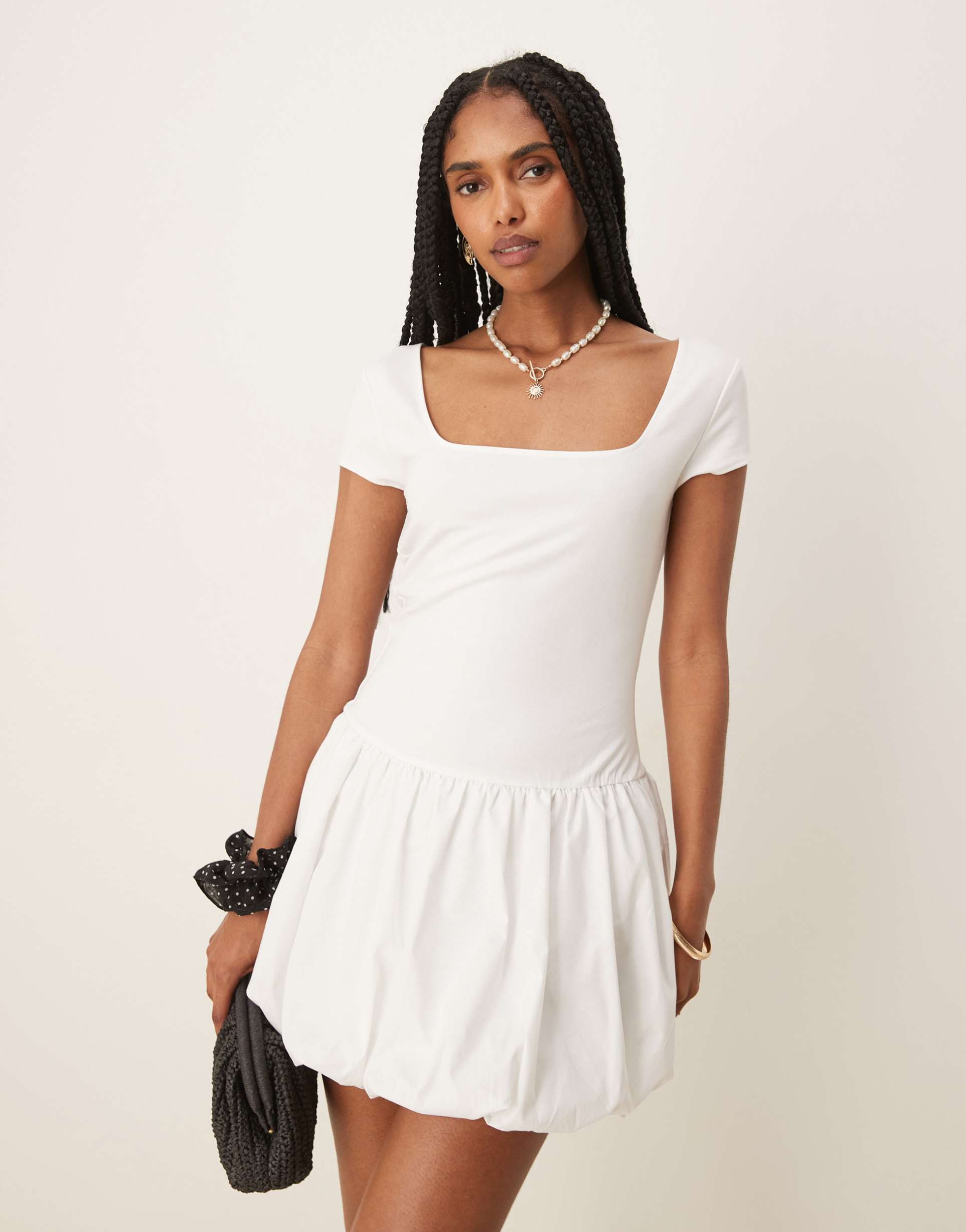 mango square neck short sleeve bubble hem mini dress in white