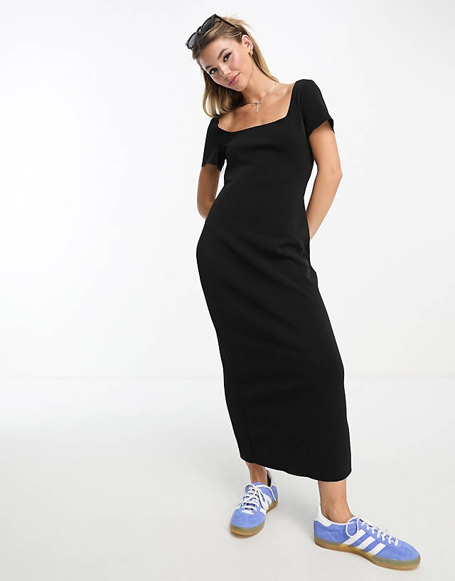 Mango - square neck short sleeve midi dress in black