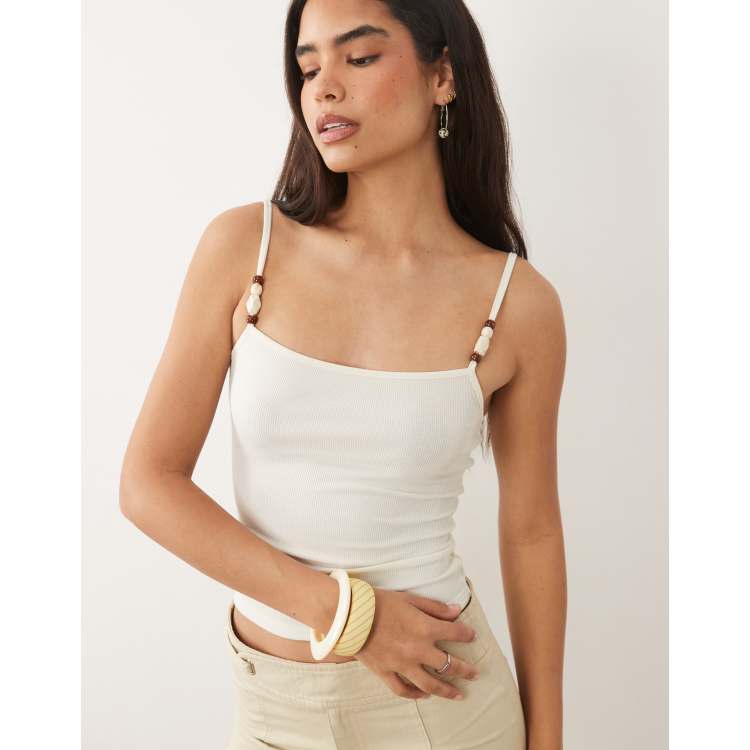 Mango square neck strappy beaded cami top in white | ASOS