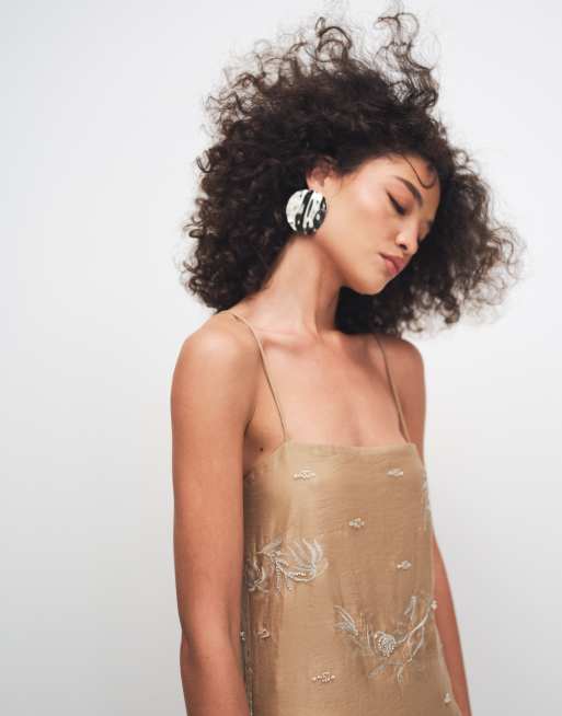 Mango square neck strappy mini dress with embellishment in beige, 3 of 7