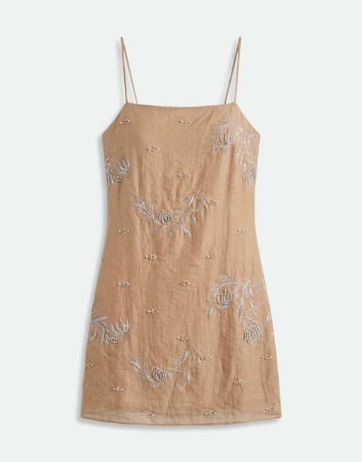 Mango square neck strappy mini dress with embellishment in beige, 5 of 7
