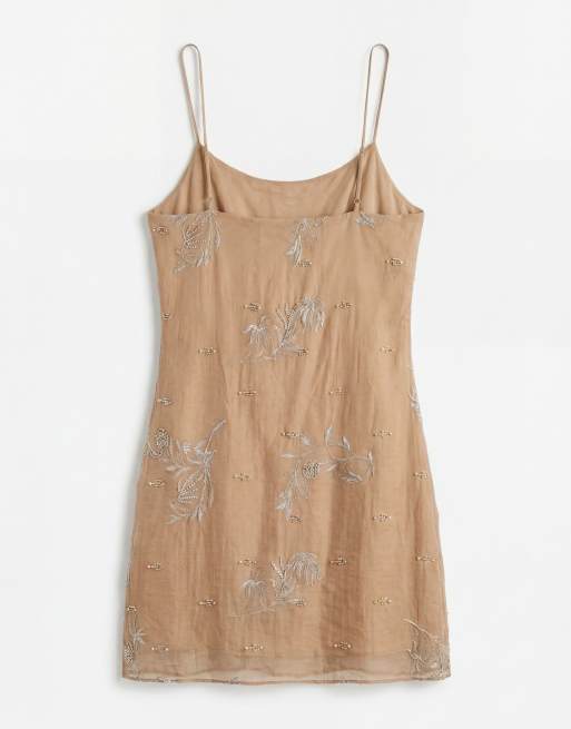 Mango square neck strappy mini dress with embellishment in beige, 6 of 7
