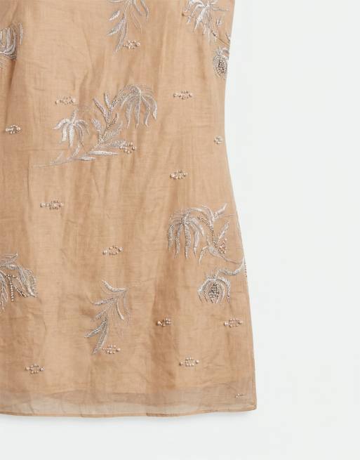 Mango square neck strappy mini dress with embellishment in beige, 7 of 7