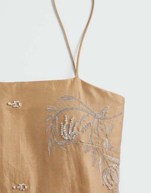 Mango square neck strappy mini dress with embellishment in beige, 8 of 8