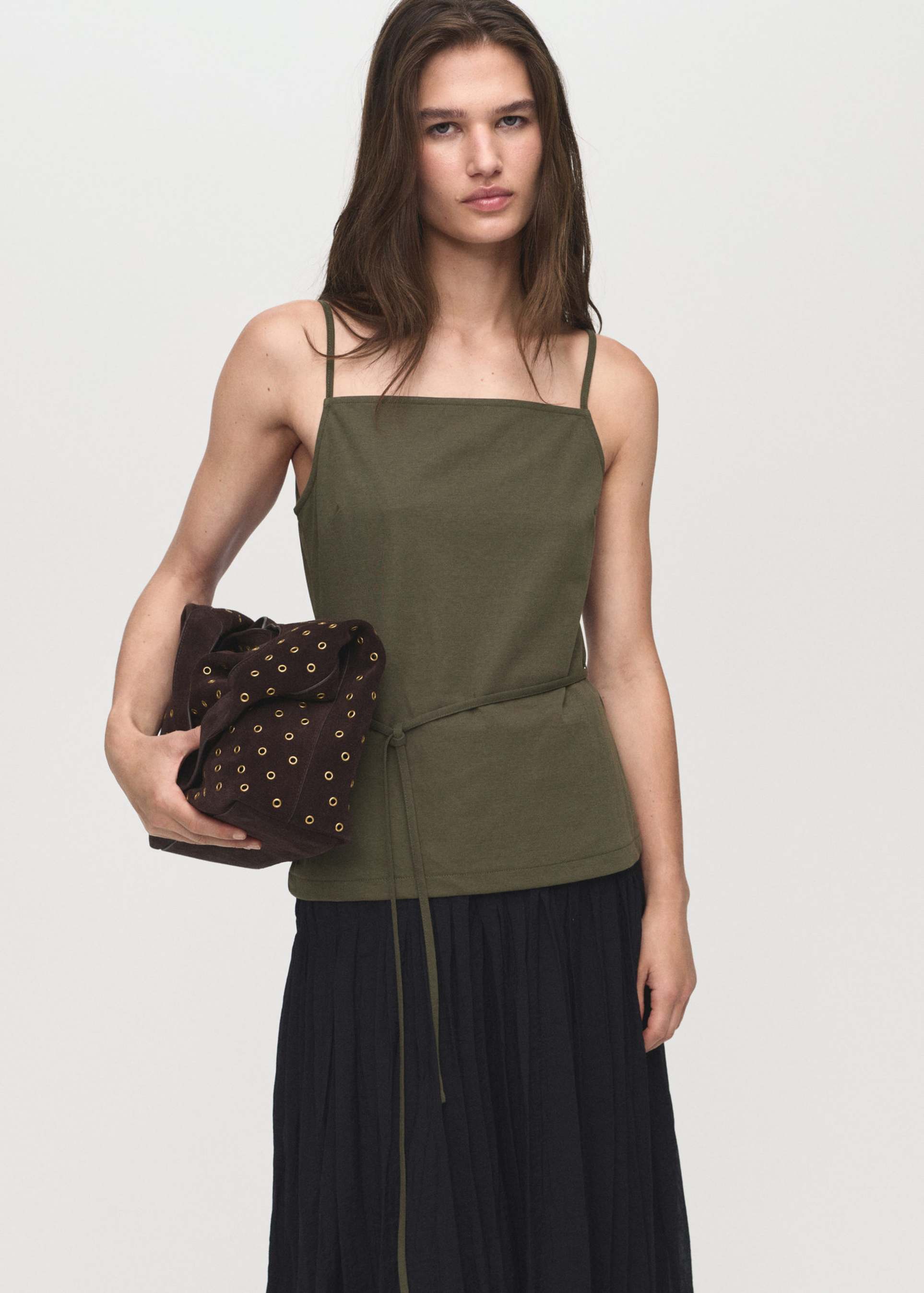 mango square neck strappy top with tie waist in khaki - part of a set