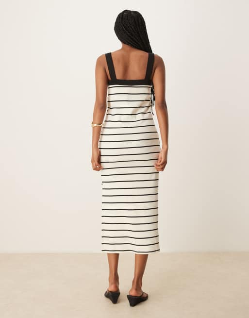 Mango square neck striped straight fit midaxi dress in white, 3 of 4