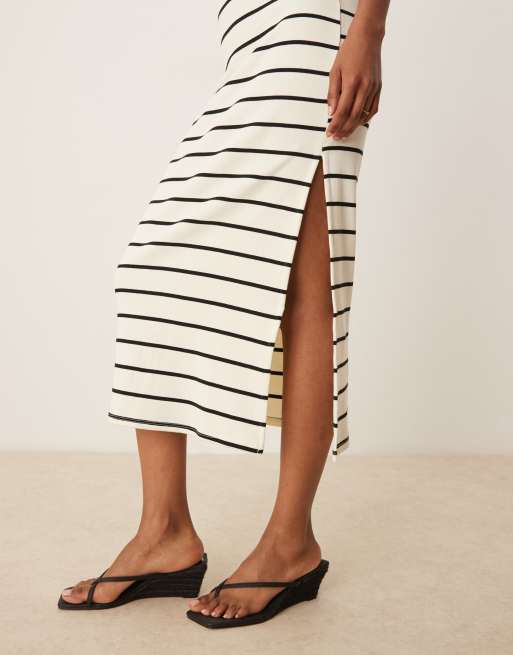Mango square neck striped straight fit midaxi dress in white, 4 of 4