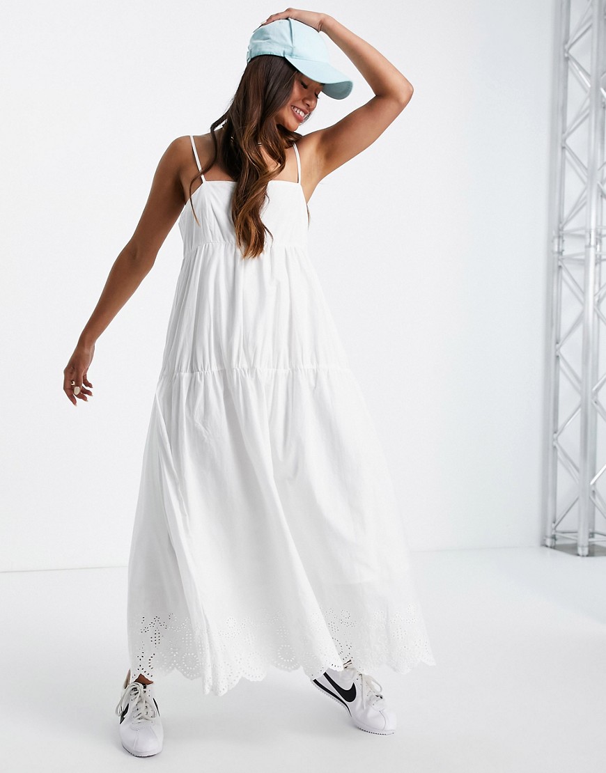 Mango square neck summer dress with broderie seam detail in white