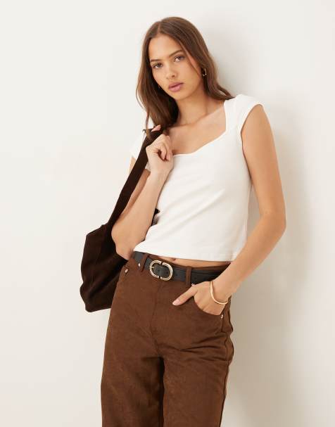 Mango square neck t-shirt in cream - view 1