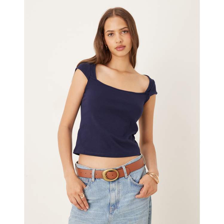 ★MOHAN★ TWS DEEP SQUARE NECK TOP _4 COLOR Mango square neck t-shirt in navy | ASOS