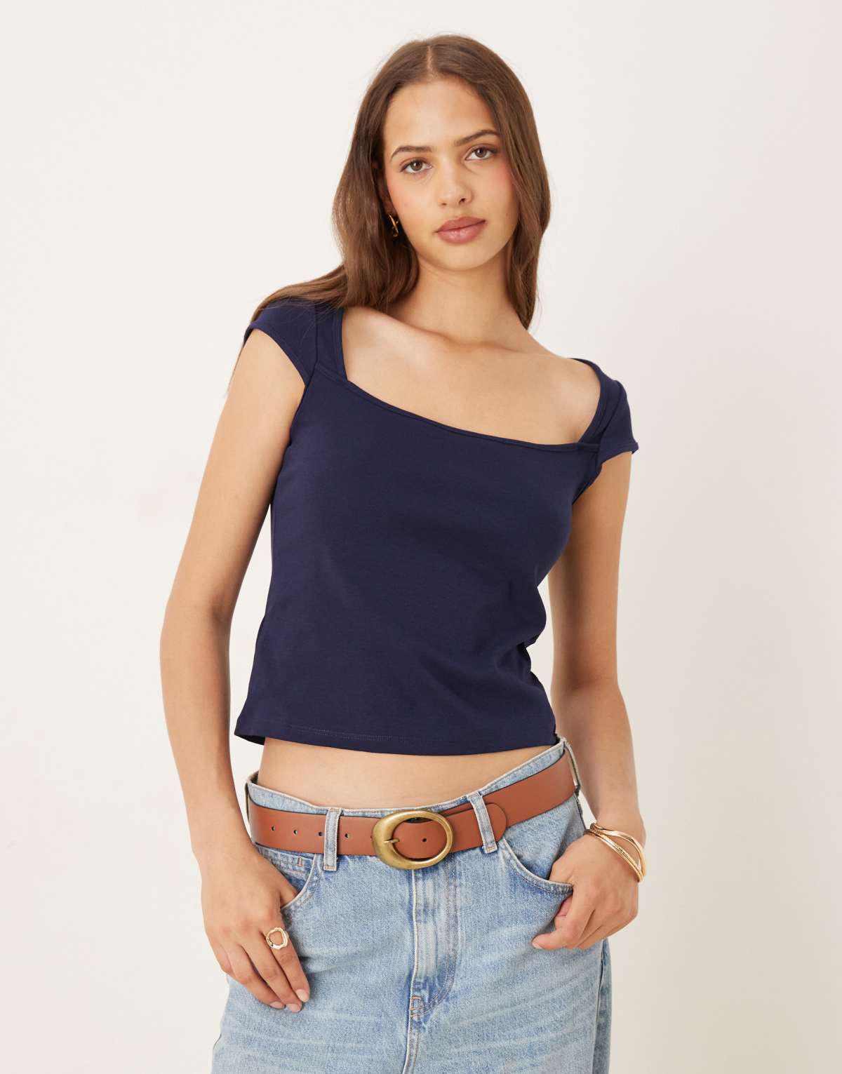Mango square neck t-shirt in navy