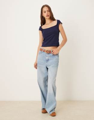 Mango Square Neck T-shirt In Blue