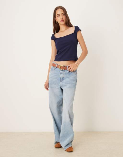 Mango square neck t-shirt in navy, 2 of 4