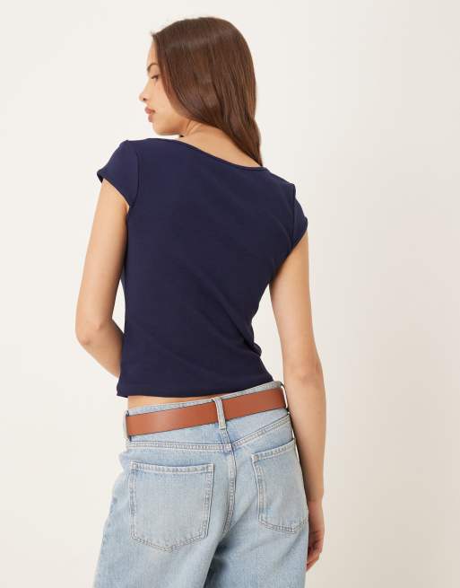 Mango square neck t-shirt in navy, 3 of 4