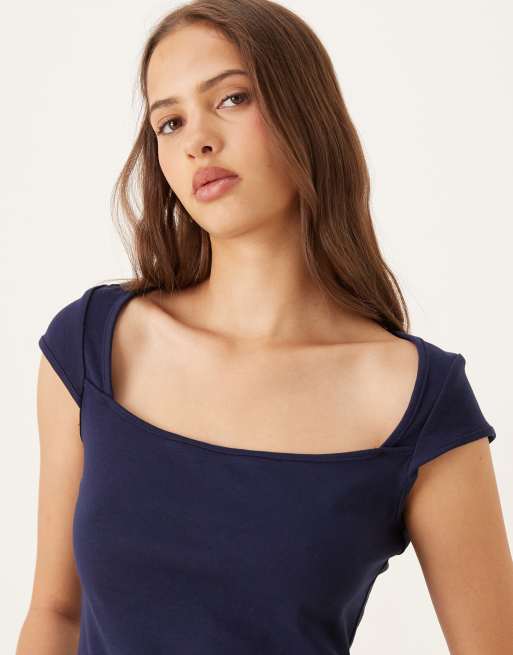 Mango square neck t-shirt in navy, 4 of 4