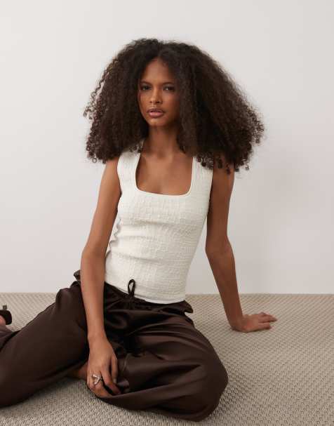 Mango square neck textured sleeveless top in cream - view 1