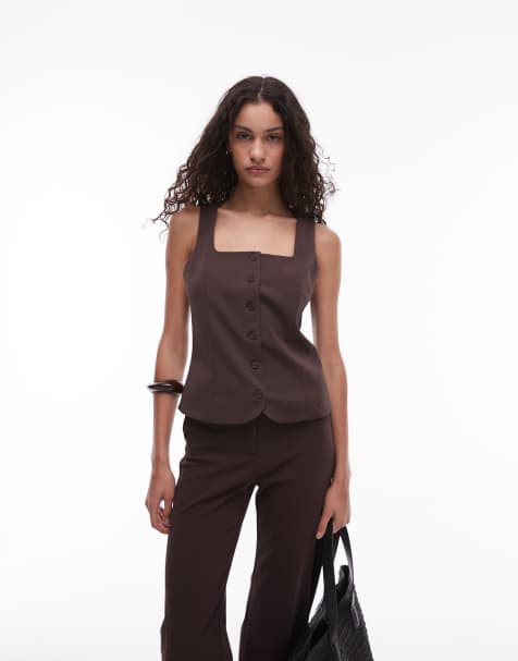 Mango square neck waistcoat co-ord in chocolate - view 1