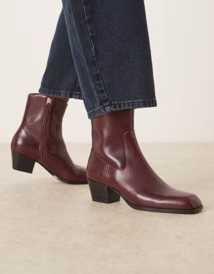  square toe heeled ankle boot in cherry red