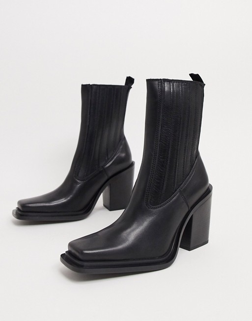 Mango square toe leather heeled boots in black
