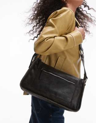 Mango square worn leather effect shoulder bag in black