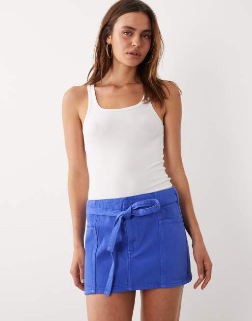 Mango starring Hailey Bieber 100% cotton tie waist denim mini skirt in electric blue, 3 of 5