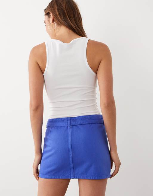 Mango starring Hailey Bieber 100% cotton tie waist denim mini skirt in electric blue, 5 of 5